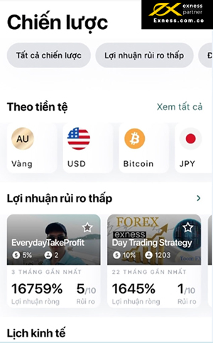 Giao diện app copy của Exness